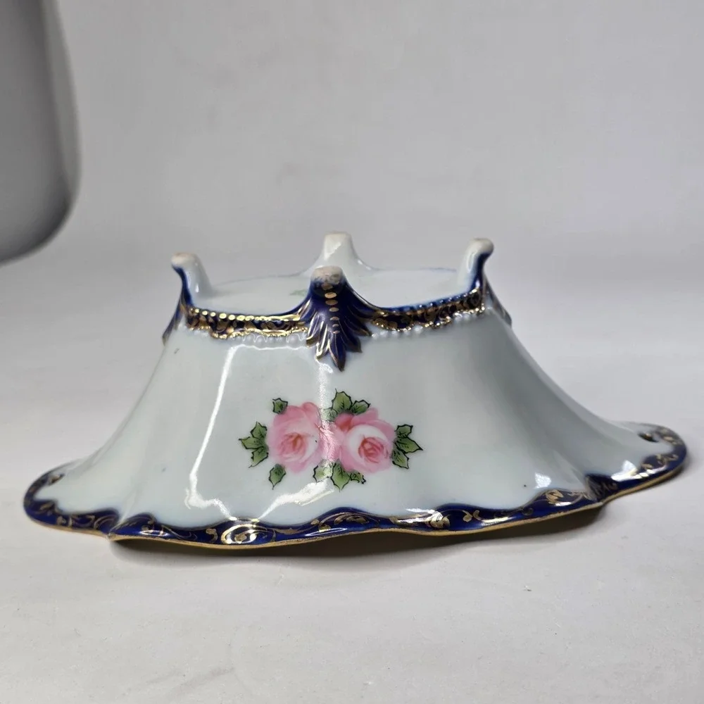 Antique Nippon IE&C Co Hand Painted 4-Footed Porcelain Bowl Cobalt Pink Roses 9